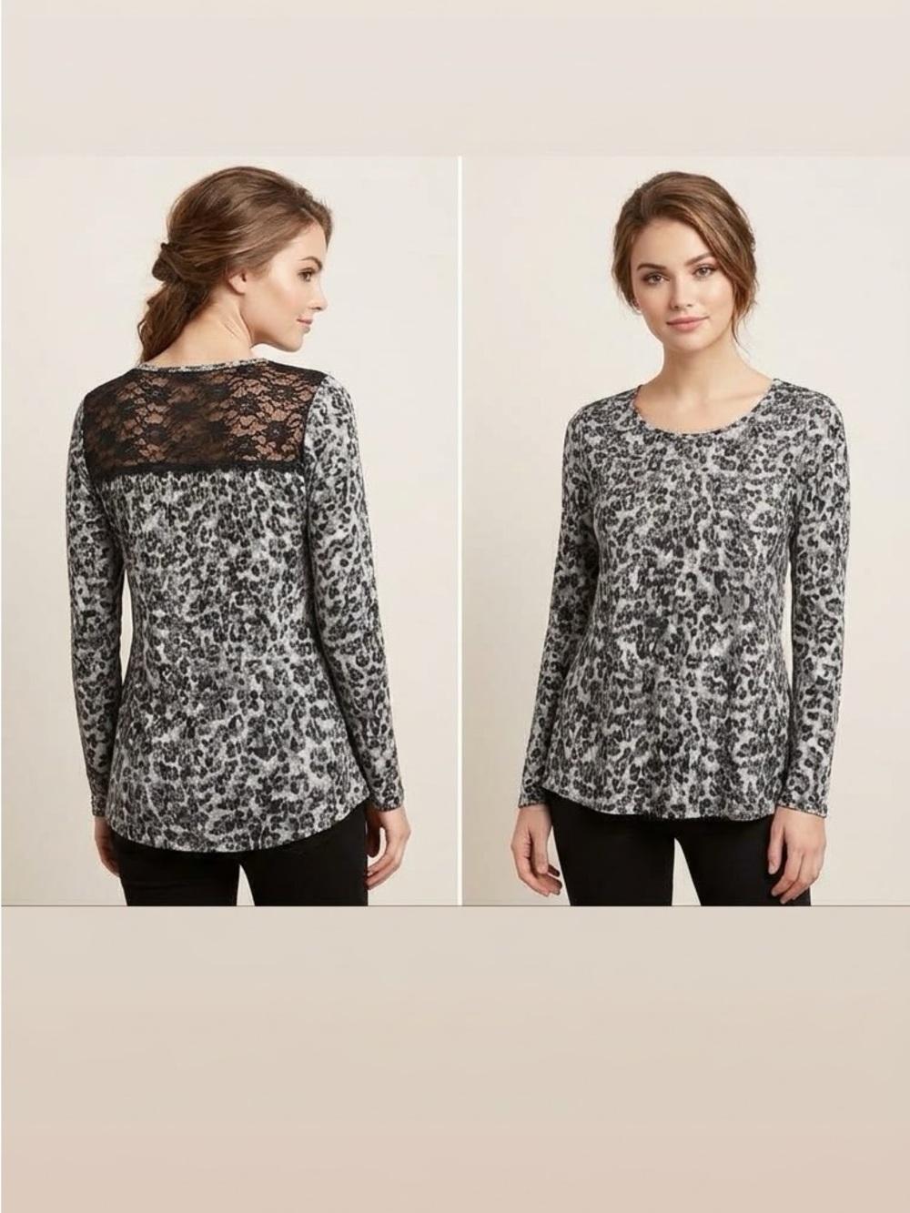 Cache Top Small S Long Sleeve Animal Paisley Print Black Lace Yoke Back Blouse